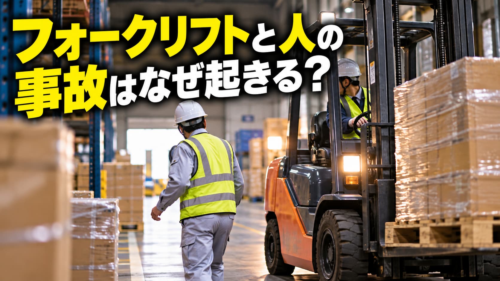 フォークリフトと人の接触事故が起きそうなアイキャッチ画像。